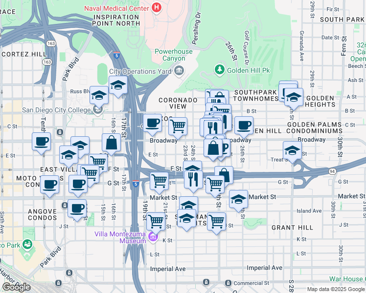 map of restaurants, bars, coffee shops, grocery stores, and more near 942 23rd Street in San Diego