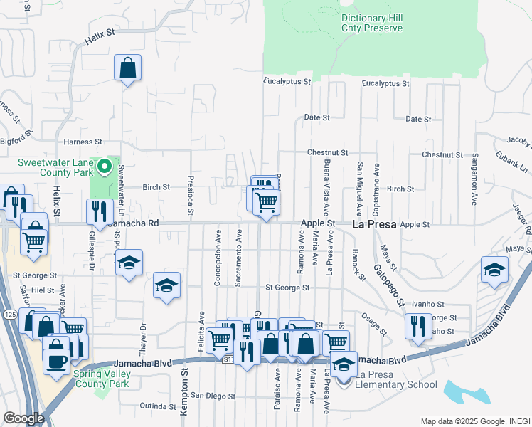 map of restaurants, bars, coffee shops, grocery stores, and more near 1015-17 Grand Avenue in Spring Valley