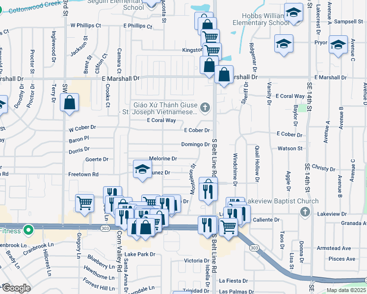 map of restaurants, bars, coffee shops, grocery stores, and more near 401 Domingo Drive in Grand Prairie