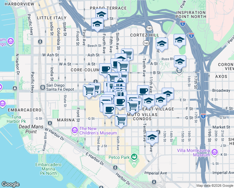 map of restaurants, bars, coffee shops, grocery stores, and more near 950 Sixth Avenue in San Diego