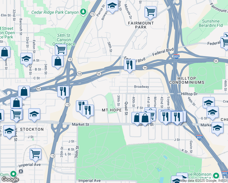 map of restaurants, bars, coffee shops, grocery stores, and more near 3820 Hilltop Drive in San Diego
