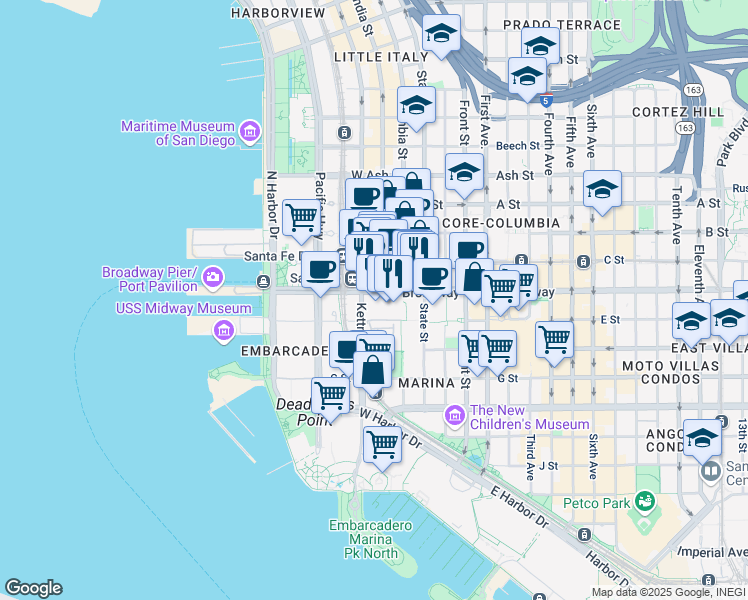 map of restaurants, bars, coffee shops, grocery stores, and more near 501 West Broadway in San Diego