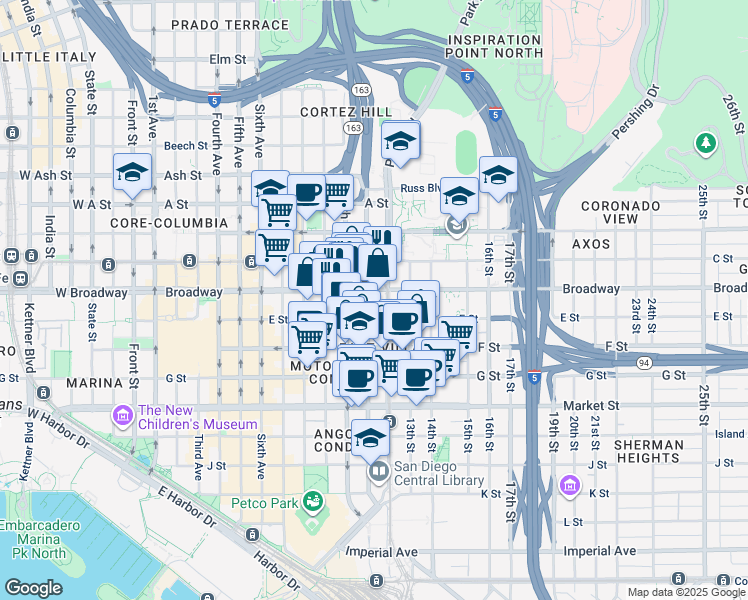 map of restaurants, bars, coffee shops, grocery stores, and more near in San Diego