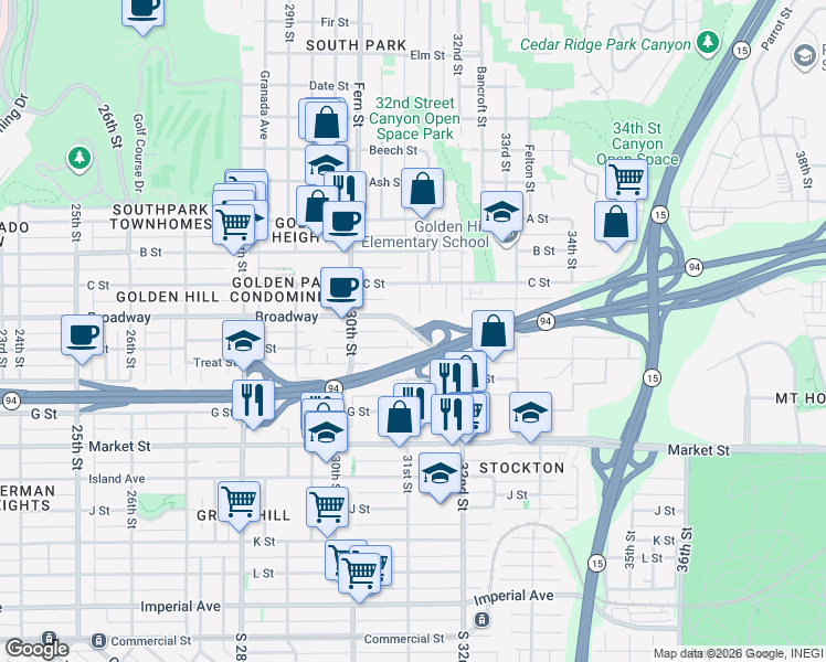 map of restaurants, bars, coffee shops, grocery stores, and more near 3053 Broadway in San Diego