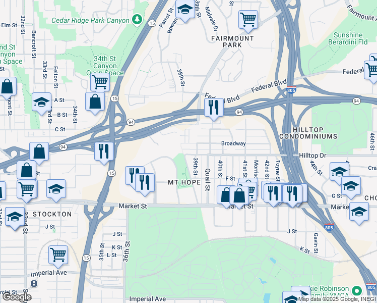 map of restaurants, bars, coffee shops, grocery stores, and more near 3820 Hilltop Drive in San Diego
