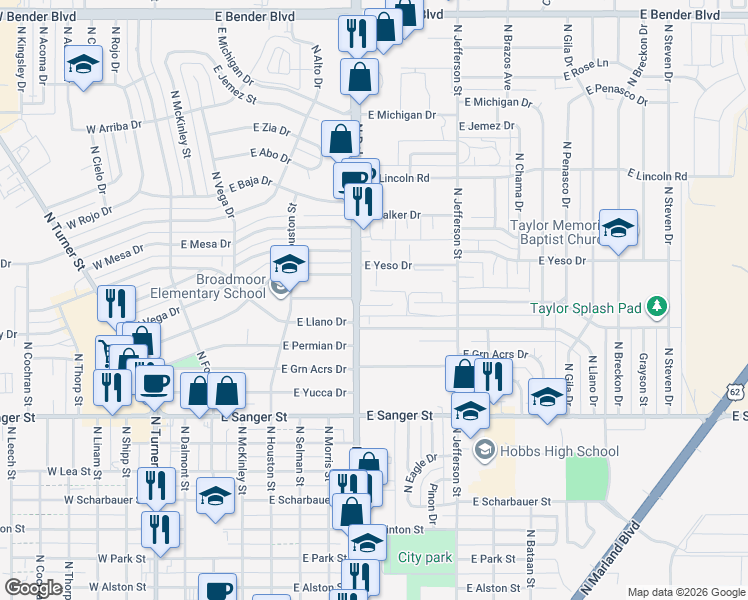 map of restaurants, bars, coffee shops, grocery stores, and more near 807 Randy Place in Hobbs