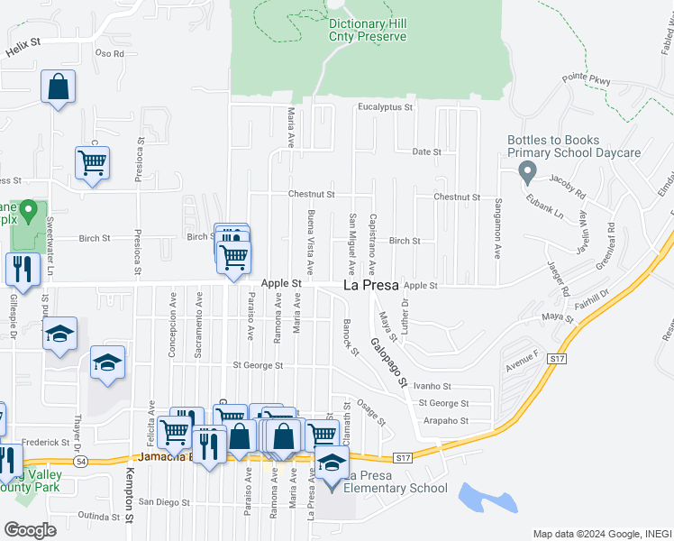 map of restaurants, bars, coffee shops, grocery stores, and more near 1021 La Presa Avenue in Spring Valley