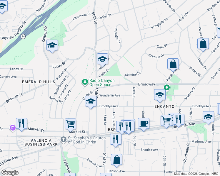 map of restaurants, bars, coffee shops, grocery stores, and more near 6130 Wunderlin Avenue in San Diego