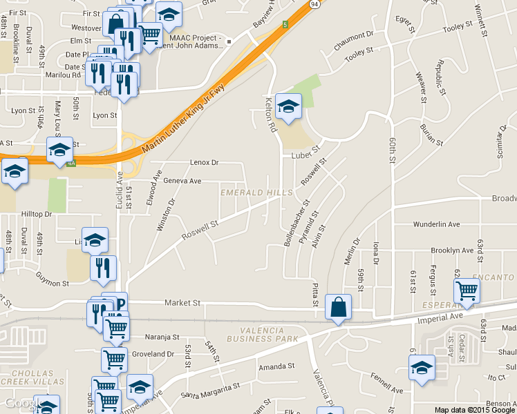 map of restaurants, bars, coffee shops, grocery stores, and more near 5579 Creston Drive in San Diego