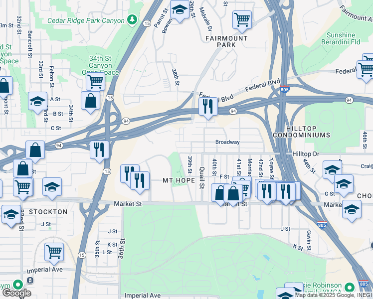 map of restaurants, bars, coffee shops, grocery stores, and more near 3831 Hilltop Drive in San Diego