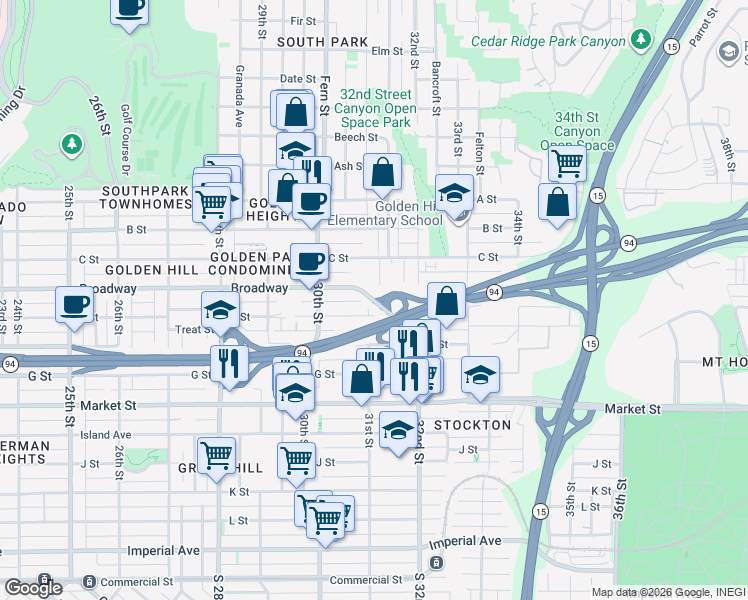map of restaurants, bars, coffee shops, grocery stores, and more near 3090 E Street in San Diego