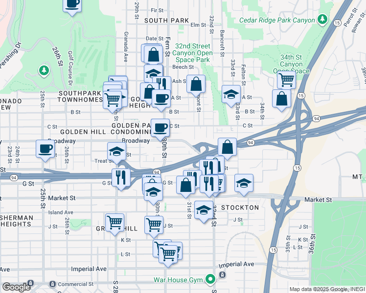 map of restaurants, bars, coffee shops, grocery stores, and more near 3090 E Street in San Diego