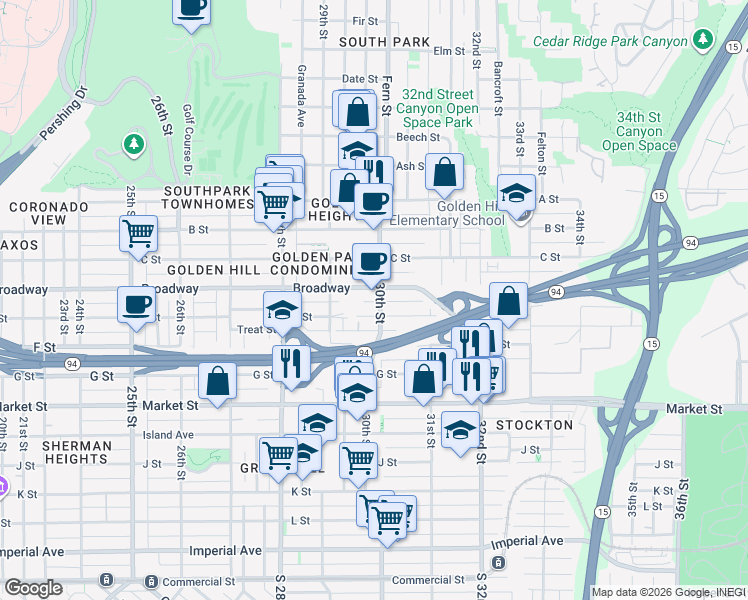 map of restaurants, bars, coffee shops, grocery stores, and more near 2964 E Street in San Diego
