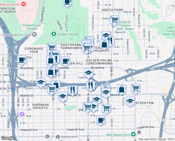 map of restaurants, bars, coffee shops, grocery stores, and more near 2808 E Street in San Diego