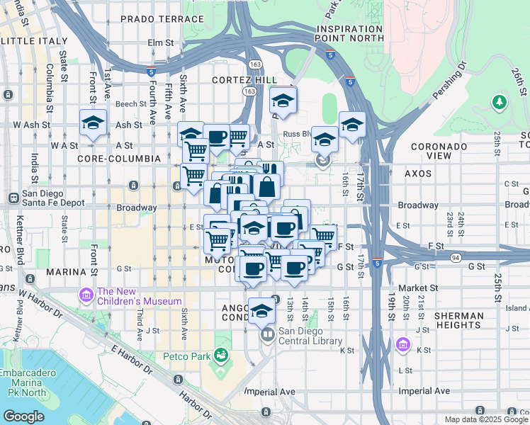 map of restaurants, bars, coffee shops, grocery stores, and more near in San Diego