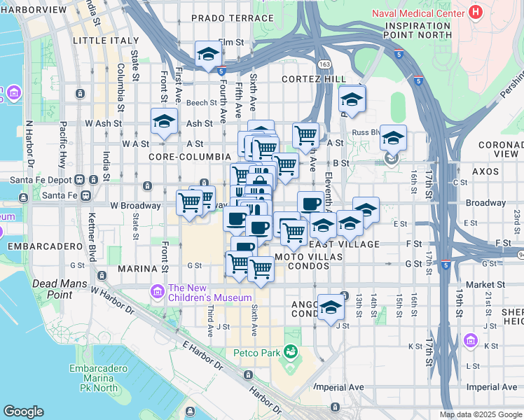map of restaurants, bars, coffee shops, grocery stores, and more near 921 Sixth Avenue in San Diego