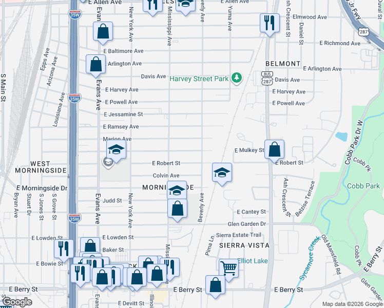 map of restaurants, bars, coffee shops, grocery stores, and more near 1237 East Robert Street in Fort Worth