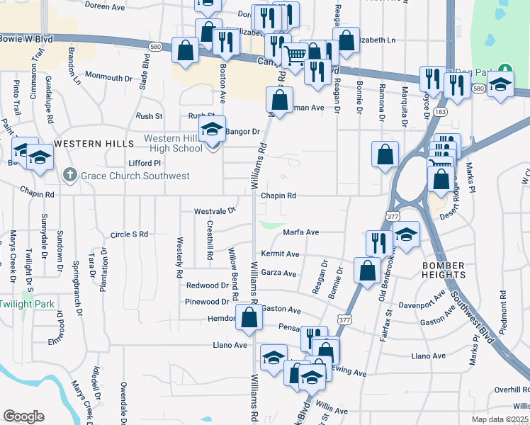 map of restaurants, bars, coffee shops, grocery stores, and more near 3853 Branch Way in Fort Worth