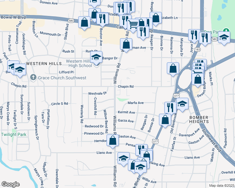 map of restaurants, bars, coffee shops, grocery stores, and more near 3853 Branch Way in Fort Worth