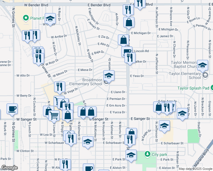 map of restaurants, bars, coffee shops, grocery stores, and more near 1500 North Houston Street in Hobbs
