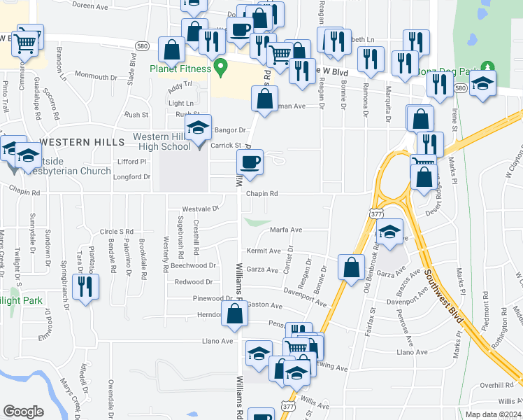 map of restaurants, bars, coffee shops, grocery stores, and more near 3824 Coates Circle in Benbrook