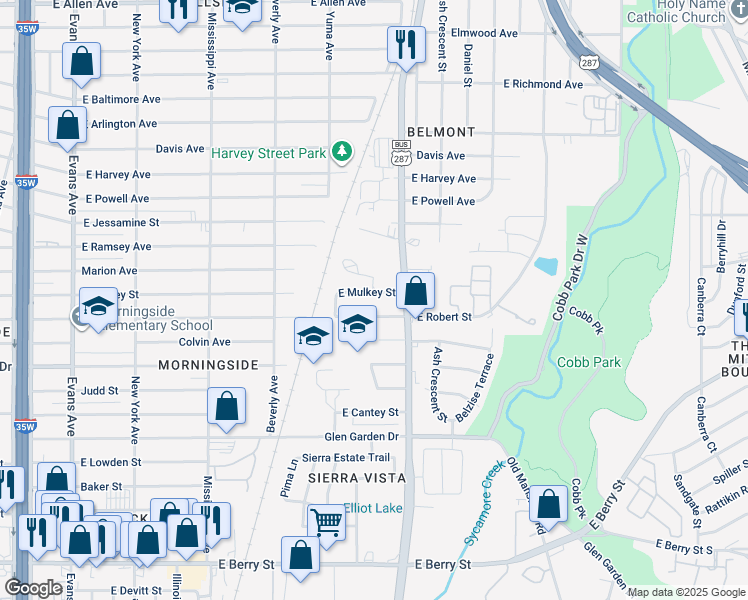 map of restaurants, bars, coffee shops, grocery stores, and more near 1436 East Mulkey Street in Fort Worth