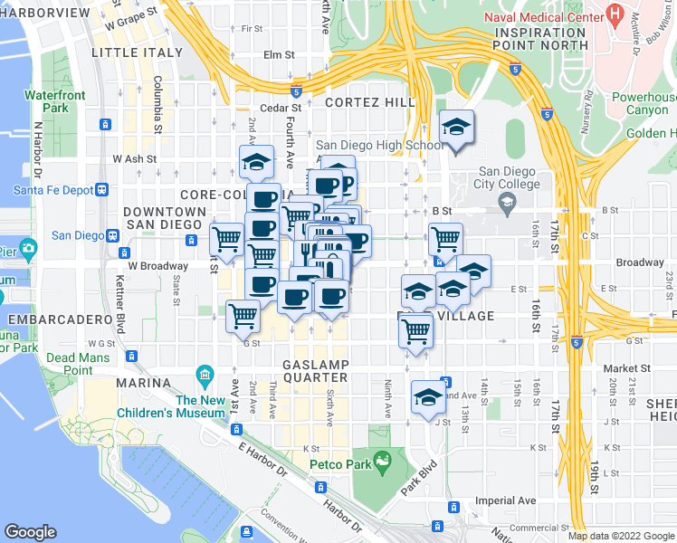 map of restaurants, bars, coffee shops, grocery stores, and more near 921 Sixth Avenue in San Diego