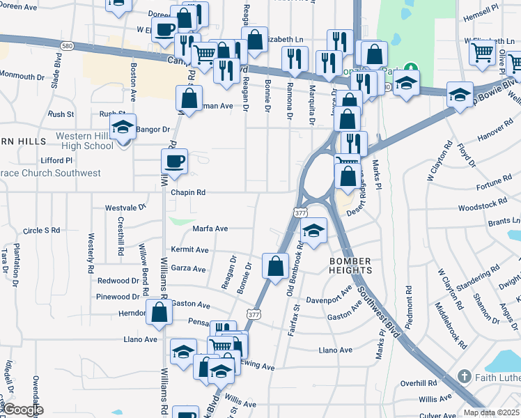 map of restaurants, bars, coffee shops, grocery stores, and more near 3820 Bonnie Drive in Fort Worth