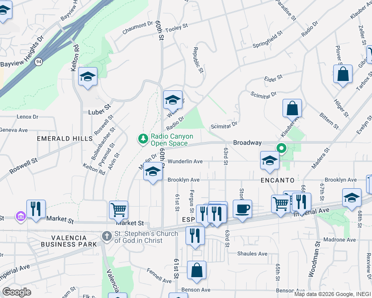 map of restaurants, bars, coffee shops, grocery stores, and more near 6130 Wunderlin Avenue in San Diego