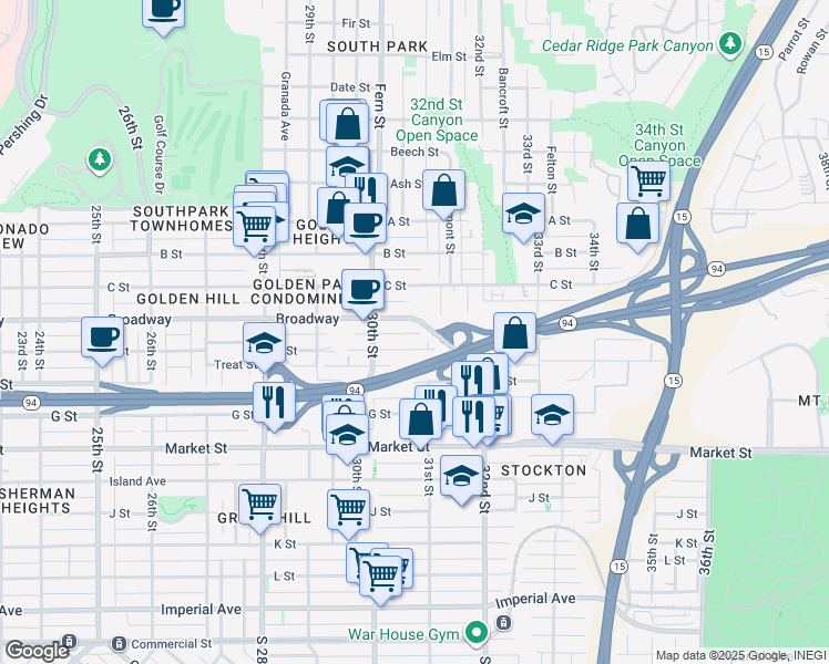 map of restaurants, bars, coffee shops, grocery stores, and more near 3090 E Street in San Diego