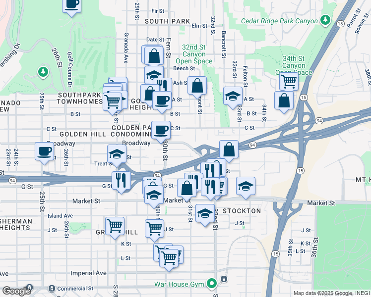 map of restaurants, bars, coffee shops, grocery stores, and more near 3090 E Street in San Diego