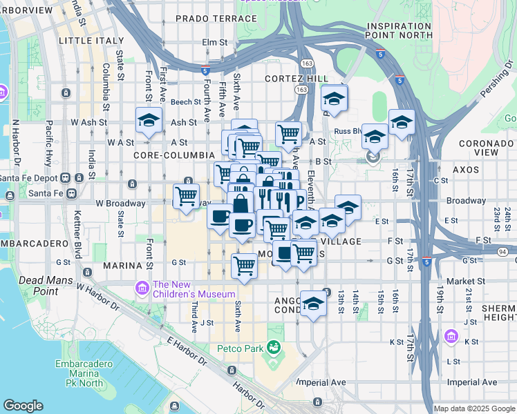 map of restaurants, bars, coffee shops, grocery stores, and more near 965 Eighth Avenue in San Diego