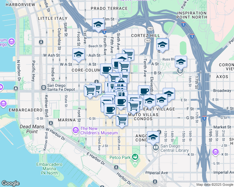 map of restaurants, bars, coffee shops, grocery stores, and more near 921 Sixth Avenue in San Diego