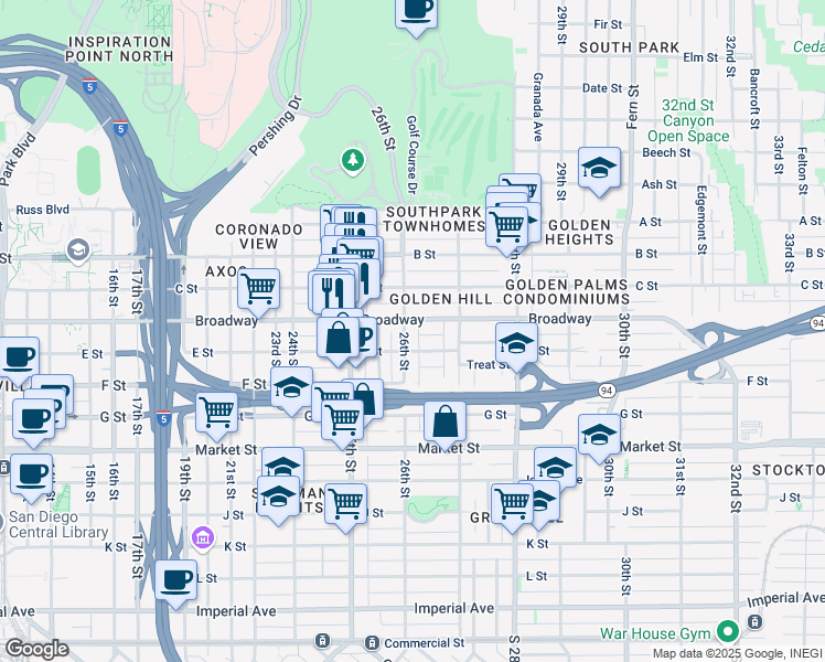 map of restaurants, bars, coffee shops, grocery stores, and more near 929 26th Street in San Diego