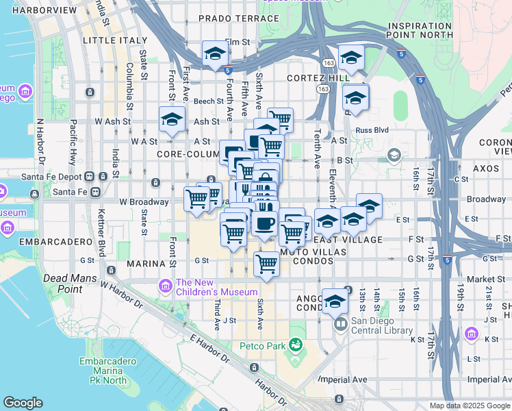 map of restaurants, bars, coffee shops, grocery stores, and more near 950 Sixth Avenue in San Diego