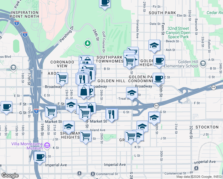 map of restaurants, bars, coffee shops, grocery stores, and more near 2667 Broadway in San Diego