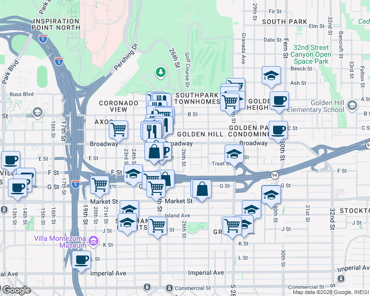 map of restaurants, bars, coffee shops, grocery stores, and more near 929 26th Street in San Diego