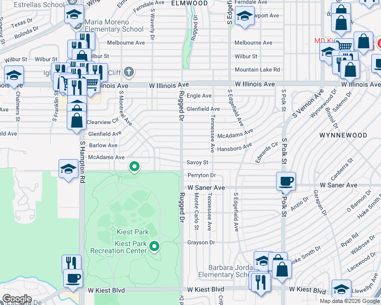 map of restaurants, bars, coffee shops, grocery stores, and more near 1635 Savoy Street in Dallas
