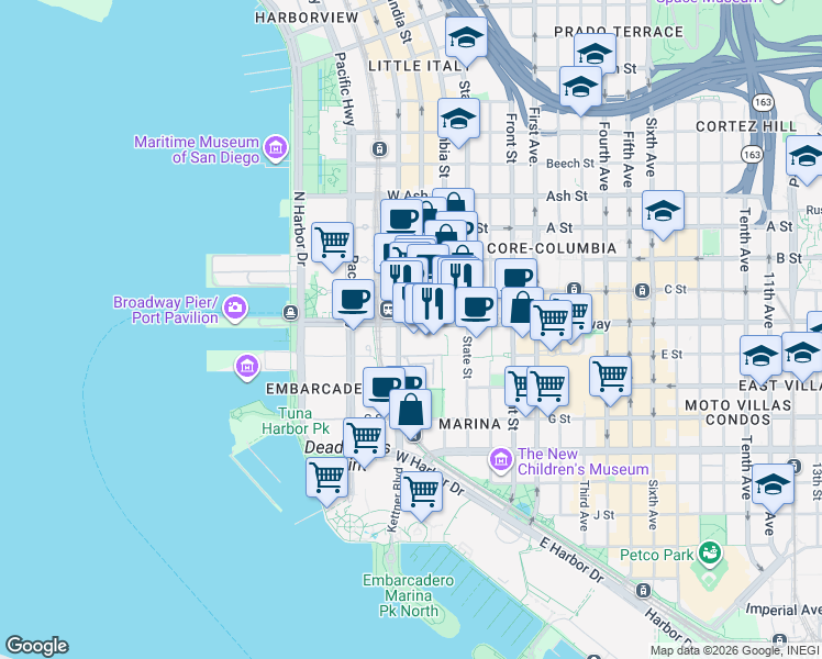 map of restaurants, bars, coffee shops, grocery stores, and more near 655 West Broadway in San Diego