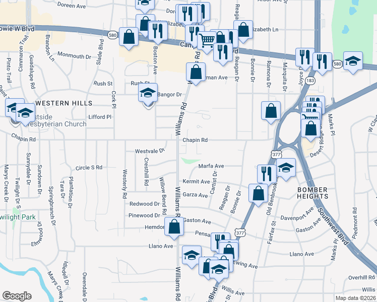 map of restaurants, bars, coffee shops, grocery stores, and more near 3833 Branch Way in Fort Worth