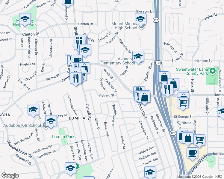 map of restaurants, bars, coffee shops, grocery stores, and more near 1134 Carlsbad Street in Spring Valley