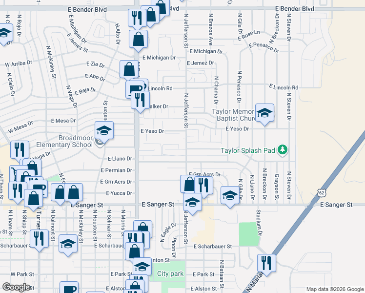 map of restaurants, bars, coffee shops, grocery stores, and more near 1401-1415 North Jefferson Street in Hobbs