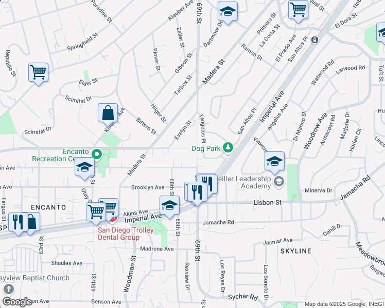 map of restaurants, bars, coffee shops, grocery stores, and more near 6859 Broadway in San Diego