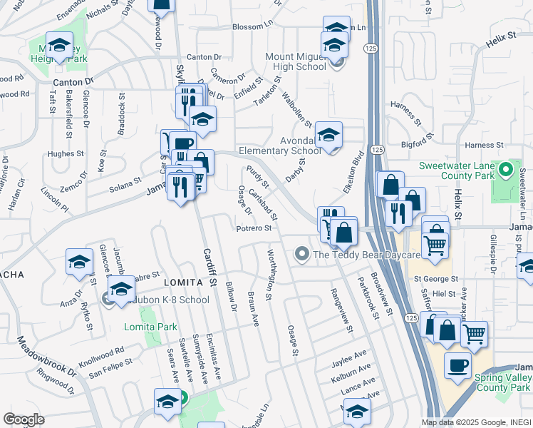 map of restaurants, bars, coffee shops, grocery stores, and more near 1134 Carlsbad Street in Spring Valley