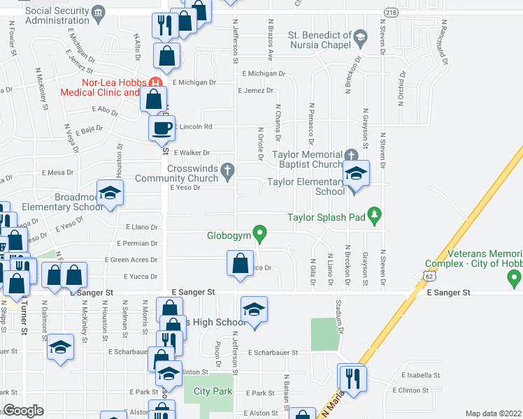 map of restaurants, bars, coffee shops, grocery stores, and more near 1204 East Pecos Drive in Hobbs