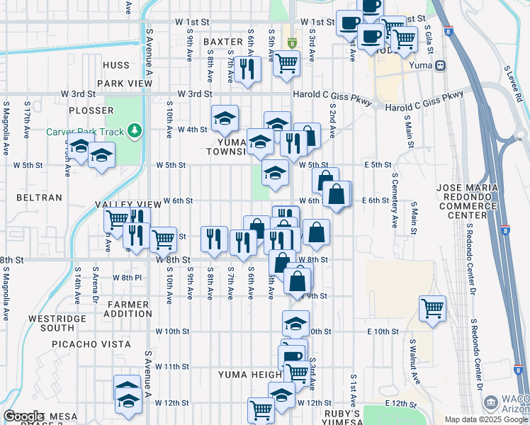 map of restaurants, bars, coffee shops, grocery stores, and more near 661 South 5th Avenue in Yuma