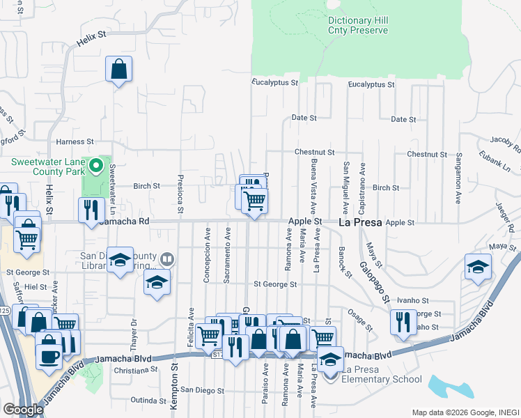 map of restaurants, bars, coffee shops, grocery stores, and more near 9410 Apple Street in Spring Valley