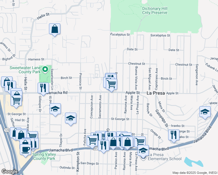 map of restaurants, bars, coffee shops, grocery stores, and more near 9410 Apple Street in Spring Valley