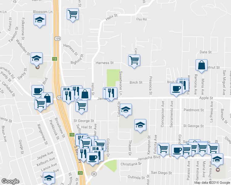 map of restaurants, bars, coffee shops, grocery stores, and more near 8980 Jamacha Road in Spring Valley