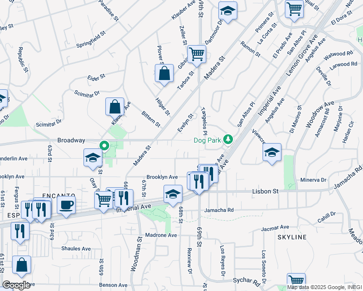 map of restaurants, bars, coffee shops, grocery stores, and more near 6818 Wunderlin Avenue in San Diego